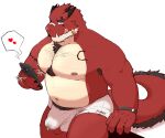  &lt;3 2021 anthro balls belly bodily_fluids bulge cellphone clothing genital_fluids genital_outline genitals hagom hi_res humanoid_hands kemono male nipples penis_outline phone precum pubes red_body scalie slightly_chubby smartphone solo tongue tongue_out underwear 