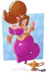  2021 2b-labs animate_inanimate big_breasts blue_eyes breasts brown_hair female genie hair hi_res humanoid humanoid_pointy_ears implied_transformation inflatable living_inflatable magic_lamp not_furry nozzle simple_background solo wide_hips 