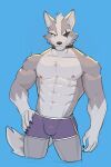  2021 abs anthro big_muscles blue_background bottomwear bulge canid canine canis choker claws clothed clothing eye_patch eyebrows eyewear fur hair hand_on_hip hi_res hotpants jewelry jrjresq looking_at_viewer male mammal muscular muscular_anthro muscular_male narrowed_eyes navel necklace nintendo nipples pecs shorts simple_background smile solo standing star_fox topless topless_male tuft video_games wolf wolf_o&#039;donnell 