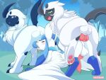  4:3 absol all_fours anal anal_penetration animal_genitalia animal_penis backsack balls blue_eyes blue_penis blush bodily_fluids butt canine_penis cum cum_in_mouth cum_inside eeveelution erection eyes_closed feathered_wings feathers fellatio feral from_behind_position fur genital_fluids genitals glaceon green_eyes group group_sex hi_res horn knot male male/male male_penetrated male_penetrating male_penetrating_male nikkibunn nintendo open_mouth oral oral_penetration outside penetration penile penis pok&eacute;mon pok&eacute;mon_(species) raised_tail scarf sex smile spitroast video_games white_body white_fur wings 