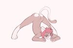  anthro ass_up blush dipstick_tail domestic_cat ear_piercing felid feline felis fizzystevie hair hi_res jack-o&#039;_pose lidded_eyes male mammal mia_(disambiguation) multicolored_tail nude piercing pink_hair pose solo 