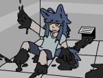  ahoge anthro blue_hair blue_tail changed_(video_game) fur goo_transformation hair ikelos4444 kemono male messy orange_eyes rubber s_(ikelos4444) solo tan_body tan_fur transformation young 