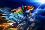  anthro breasts clothing equid equine feathers female friendship_is_magic hair hasbro lightning long_hair mammal my_little_pony pegasus rainbow_dash_(mlp) rubber rubber_suit shamziwhite sky smile standing thunder uniform wind wings 