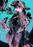  2021 anthro big_breasts black_eyes blue_background braided_hair breasts canid clothed clothing female fully_clothed fur hair hat headgear headwear hi_res kemono mammal moyamoya_kuroi open_mouth pink_body pink_fur pink_hair simple_background smoke snout solo teeth 