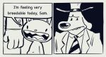  2021 anthro black_and_white boyjacent canid canine canis clothed clothing coat comic dialogue domestic_dog dot_eyes duo english_text hat headgear headwear hi_res humor lagomorph leporid looking_at_another male mammal max_(sam_and_max) monochrome navel necktie open_mouth rabbit sam_and_max samuel_dog shirt standing text topwear 