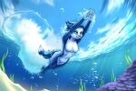  2021 3:2 air_bubbles anthro atticuskotch blue_body blue_fur blue_hair breasts canid canine dipstick_tail diving featureless_breasts featureless_crotch female fox fur hair krystal mammal multicolored_tail navel nintendo nude short_hair shoulder_tuft skinny_dipping solo star_fox swimming tail_wraps teal_eyes tuft underwater video_games water white_body white_fur wraps 