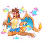  1:1 2021 azure_(princessnapped) blush bodily_fluids bottomwear breasts brown_hair charizard clothing featureless_breasts featureless_crotch female hair hi_res horn human_to_anthro kneeling membrane_(anatomy) membranous_wings nintendo open_mouth pok&eacute;mon pok&eacute;mon_(species) sharp_teeth shirt simple_background skirt smoke solo species_transformation sweat teeth the-chu topwear transformation video_games white_background wings 