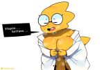  2021 alphys anthro areola big_breasts bodily_fluids bottomless breasts buckteeth clothed clothing coat dialogue english_text eyes_closed eyewear female glasses hi_res lab_coat nipples non-mammal_breasts non-mammal_nipples open_mouth partially_clothed portrait scales scalie simple_background solo somescrub sweat sweaty_breasts teeth text thick_tail three-quarter_portrait topwear undertale undressing video_games white_background white_clothing white_coat white_topwear yellow_body yellow_scales 