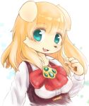  anthro blonde_hair breasts brooch canid canine canopus335 clothed clothing fangs female fur green_eyes hair kemono looking_at_viewer mammal open_mouth open_smile simple_background smile solo tan_body tan_fur topwear 