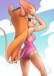  2021 accessory anthro bottomwear butt chip_&#039;n_dale_rescue_rangers clothing disney female gadget_hackwrench hair_accessory hairband hi_res looking_at_viewer looking_back mammal mouse murid murine mysticalpha one-piece_swimsuit pink_clothing pink_swimwear rodent solo swimwear 