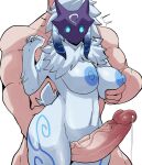  absurd_res anthro big_penis blue_nipples bodily_fluids breast_grab breasts duo erection female fur genital_fluids genitals groping_from_behind hair hand_on_breast hi_res horu huge_penis human human_on_anthro interspecies kindred_(lol) lamb_(lol) league_of_legends male mammal mask nipples nude penis precum riot_games sex simple_background surprise thigh_sex video_games white_background white_body white_fur white_hair 