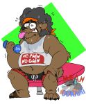 2021 anthro belly bodily_fluids bottomwear brown_body clothing exercise lewdookami male mammal overweight overweight_male shirt shorts sitting solo sweat tongue tongue_out topwear ursid workout 