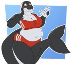  2021 2b-labs 5_fingers after_transformation anthro black_body blue_background blush breasts cetacean clothing delphinoid female fingers green_eyes mammal marine navel oceanic_dolphin orca simple_background slightly_chubby solo swimwear toothed_whale 
