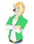  absurd_res alpha_channel anthro belt blue_eyes canid canine canis clothed clothing crossed_arms ear_piercing ear_ring fully_clothed hi_res male mammal mohawk multicolored_body piercing shirt smile smirk solo topwear undershirt wolf wolfexorcistx 