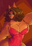  2021 anthro big_breasts big_muscles breasts brown_background brown_body brown_eyes brown_fur brown_hair canid canine cleavage clothed clothing conditional_dnp dress female fur hair huge_breasts huge_hips jollyjack looking_at_viewer mammal muscular muscular_arms muscular_female simple_background solo text were werecanid werecanine werewolf wide_hips 
