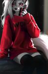  anthro canid canine canis cheek_tuft clothed clothing facial_tuft female fur grey_body grey_fur hair helluva_boss legwear looking_at_viewer loona_(vivzmind) mammal messy_hair red_sclera selfie sitting sitting_on_bed skeleion solo sweater thigh_highs topwear tuft wolf 