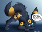  4_toes all_fours ambiguous_gender ass_up bent_over black_body black_fur blue_eyes canid canine claws dialogue eeveelution english_text feet feral fur hi_res jack-o&#039;_pose long_tail looking_at_viewer male mammal nintendo nova-umbreon open_mouth paws pok&eacute;mon pok&eacute;mon_(species) pose signature simple_background solo speech_bubble spread_legs spreading talking_to_viewer text toes umbreon video_games 
