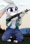  anthro bottomwear bubblecop clothed clothing cloud day detailed_background disney female fully_clothed fur grass grey_body grey_fur gun hi_res holding_gun holding_object holding_weapon judy_hopps kneeling lagomorph leporid long_ears mammal outside pants plant purple_eyes rabbit ranged_weapon shirt signature sky solo tank_top topwear weapon zootopia 