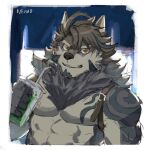  abs anthro canid canine canis clothing fur hair hi_res male mammal muscular muscular_anthro muscular_male neumokun pecs solo tattoo temujin tokyo_afterschool_summoners video_games wolf 