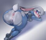  2021 anthro anus ass_up blush bodily_fluids butt censor_bar censored clothed clothing digital_media_(artwork) disney eyebrows female genitals ineffective_censorship judy_hopps lagomorph leporid long_ears mammal musk pochincoff pussy rabbit simple_background solo steam sweat toeless_legwear torn_clothing zootopia 