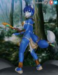  3d_(artwork) 4_toes anthro armor blue_body blue_eyes blue_fur blue_hair breasts canid canine claws clothing digital_media_(artwork) eyebrows eyelashes feet female flapcats footwear forest fox fur gauntlets gloves hair handwear hi_res krystal looking_away mammal nintendo outside paws plant sandals solo staff star_fox thick_eyelashes toes tree video_games white_body white_fur 