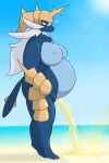  &lt;3 2016 2:3 alternate_version_at_source anthro beach belly big_belly big_breasts blue_body bodily_fluids breasts female genital_fluids hair hi_res horn light mammal monooki333 mustelid nintendo nipple_outline nude orange_eyes outside peeing pok&eacute;mon pok&eacute;mon_(species) pok&eacute;morph pregnant samurott seaside side_view smile solo standing sunlight urine urine_stream video_games watersports whiskers white_hair 