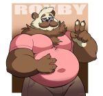  2021 albino anthro belly border bottomwear brown_background brown_body brown_fur character_name chest_tuft claws clothed clothing eyebrows eyewear facial_hair fur gesture giant_panda glasses gradient_background hand_on_stomach hi_res looking_at_viewer male mammal moobs mustache navel_outline neck_tuft overweight overweight_anthro overweight_male pants roxby_dickinson shirt simple_background solo splashburr standing tan_body tan_fur text tight_clothing topwear tuft ursid v_sign white_border 