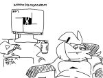  4:3 anthro beverage beverage_can breasts canid canine cheek_tuft chips_(food) clothing computer computer_monitor computer_mouse digital_media_(artwork) english_text facial_tuft fangs female food fox hair keyboard listening_to_music looking_at_another lying mammal monochrome on_back pepper_(sketchytoasty) red_fox relaxing shirt simple_background sketchytoasty soda solo text topwear tuft 