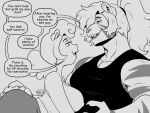  4:3 anthro breasts clothed clothing cricetid dialogue duo english_text felid female hamster larger_male male mammal monochrome nimzy nipple_outline noms_(nimzy) pantherine rodent size_difference smaller_female text tiger tobi_(nimzy) 