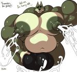  animal_crossing anthro big_bulge big_muscles bobthetanuki bodily_fluids bulge canid canine canis clothed clothing dobie_(animal_crossing) fur genital_outline green_body green_fur hi_res huge_bulge huge_muscles hyper hyper_bulge hyper_muscles hyper_nipples hyper_pecs lactating male male_lactation mammal mature_anthro mature_male muscular nintendo nipples overweight simple_background small_head solo topless video_games white_background wolf 