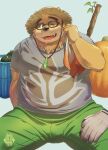  2021 anthro belly bottomwear brown_body brown_fur clothing eyewear food fruit fur glasses hat headgear headwear hi_res kemono male mammal one_eye_closed overweight overweight_male pants plant pumpkin shirt sitting solo straw_hat tokyo_afterschool_summoners topwear towel ursid video_games volos wink yukimushi6 