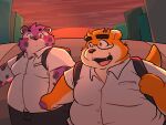  2021 4:3 absurd_res anthro backpack blush bottomwear clothing duo eyewear felid feline glasses hand_holding hi_res kemono lutrine male male/male mammal mustelid outside overweight overweight_male pants qqmelon888 shirt topwear 