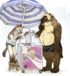  2021 anthro belly black_nose brown_body brown_fur clothing dessert domestic_ferret duo food fur gulonine hi_res humanoid_hands ice_cream male mammal moobs mustela mustelid musteline nipples overweight overweight_male rayfkm swimwear tongue tongue_out true_musteline wolverine 