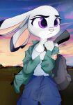  anthro bandage bottomwear bubblecop clothed clothing cloud detailed_background disney female fully_clothed fur grey_body grey_fur hi_res judy_hopps lagomorph leporid long_ears mammal outside pants purple_eyes rabbit shirt signature sky solo tank_top topwear white_body white_fur zootopia 