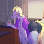  1:1 anthro baggy_clothing bent_over black_bottomwear black_clothing black_pants blonde_hair bottomwear butt clothing counter cup derpy_hooves_(mlp) detailed_background ears_down equid equine female friendship_is_magic hair half-closed_eyes hand_on_chin hasbro hi_res kitchen long_hair looking_at_object mammal my_little_pony narrowed_eyes pants pegasus pivoted_ears purple_clothing purple_shirt purple_topwear shirt shorts sintacle solo steam tattoo topwear wings yellow_eyes 