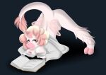  absurd_res anthro clothed clothing coat female fluffy glacialpain hi_res jack-o&#039;_pose lab_coat peach_candy pose reading skimpy solo topwear 