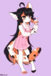  2021 4_fingers 4_toes anthro black_hair blush calico_cat clothed clothing domestic_cat dress feet felid feline felis female fingers fully_clothed grey_eyes hair hi_res highlights_(coloring) kemono long_hair mammal mottled orange_highlights piebald pink_background pink_clothing pink_dress ressue simple_background solo standing toes 