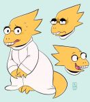  alphys anthro barefoot blush bodily_fluids breasts buckteeth clothed clothing english_text eyeshadow feet female frown fully_clothed half-closed_eyes hc_roy leaning leaning_forward lizard looking_aside looking_at_viewer looking_offscreen makeup multiple_(disambiguation) narrowed_eyes nervous non-mammal_breasts open_frown open_mouth open_smile pigeon_toed reptile scales scalie signature simple_background smile solo sweat teeth text three-quarter_view undertale video_games yellow_body yellow_scales 