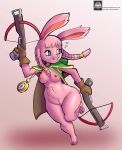  anthro braided_hair breasts cloak clothing crossbow female fours_(artist) fur genitals gloves hair handwear hi_res hyrule_warriors lagomorph leporid linkle mammal mostly_nude nintendo pink_body pink_fur pussy rabbit ranged_weapon running simple_background solo the_legend_of_zelda video_games weapon 