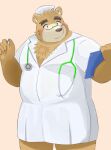  2021 9dtq0 absurd_res anthro blush brown_body brown_fur clothing fur headgear headwear hi_res humanoid_hands kemono male mammal medical_instrument nurse nurse_clothing nurse_headwear overweight overweight_male scientific_instrument simple_background solo tokyo_afterschool_summoners ursid video_games volos 