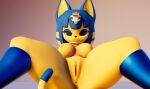  3d_(artwork) absurd_res animal_crossing ankha_(animal_crossing) anthro anus big_breasts big_butt blue_eyes blue_hair breasts butt clothing digital_media_(artwork) domestic_cat egyptian egyptian_clothing felid feline felis female fur genitals hair hi_res jewelry mammal mmd nintendo nipples nude pussy seductive solo unknown_artist video_games yellow_body yellow_fur 