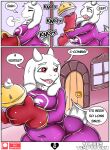  anthro belly big_breasts boss_monster bovid breasts caprine clothed clothing comic digital_media_(artwork) english_text female fur horn huge_hips mammal mature_anthro mature_female neo_geppetto overweight overweight_female simple_background smile solo surprise text thick_thighs toriel undertale video_games white_body white_fur wide_hips 