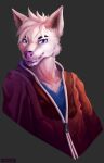  absurd_res anthro blue_eyes canid canine canis clothing dr._welps fur grin hair hi_res hoodie male mammal shirt smile solo teeth topwear white_body white_fur wolf 