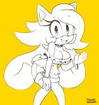  anthro bracelet breasts choker cleavage clothed clothing dress female greyscale hair hi_res hybrid jewelry looking_at_viewer mammal monochrome necklace open_mouth sega simple_background solo sonic_the_hedgehog_(series) summer_the_hybrid tenshigarden yellow_background 
