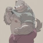  1:1 2021 anthro belly black_nose blush bottomwear bulge canid canine canis clothing domestic_dog dumdum hi_res humanoid_hands kemono male mammal moobs nipples overweight overweight_male pants simple_background solo 