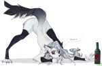  anthro ass_up canid canine canis ear_piercing ear_ring female fur grey_hair hair helluva_boss hi_res jack-o&#039;_pose loona_(vivzmind) mammal paws piercing pose red_sclera solo teeth tja white_body white_eyes white_fur wolf 