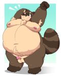  2021 anthro balls belly blush brown_body brown_fur canid canine fur genitals hi_res kemono kusosensei male mammal moobs navel nipples obese obese_male overweight overweight_male penis raccoon_dog small_penis solo tanuki 