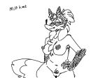  anthro arm_tuft breasts canid canine cheek_tuft chest_tuft comic digital_media_(artwork) english_text eyewear eyewear_only facial_tuft fangs female fox fur genitals glasses glasses_only hair hand_on_hip inner_ear_fluff looking_at_viewer mammal mature_anthro mature_female midriff monochrome navel nipples nude pussy red_fox simple_background sketchytoasty solo text tuft 