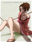 ass azasuke azasuke_wind bdsm blush bondage bound bound_legs breast_slip breasts brown_eyes brown_hair female fuu gag highres japanese_clothes kimono nipples no_bra no_panties one_breast_out open_clothes rope samurai_champloo sandals scared shadow sitting solo toes 