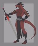  2021 anthro black_body black_scales clothing digital_media_(artwork) fingerless_gloves furdo gloves grey_background grin handwear hi_res holding_object holding_sword holding_weapon idrysse3 male melee_weapon muscular muscular_anthro muscular_male plantigrade red_body red_scales reptile scales scalie simple_background smile solo standing strap_around_arm straps sword weapon 
